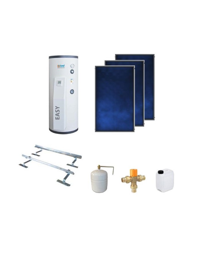 BSKD303EASY Kit completo con circulación forzada 3 colectores PBS250 Elios + 1 caldera de 300lt.  Con módulo solar integrado de bobina fija + accesorios