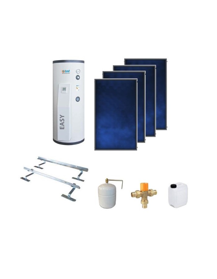 BSKD504EASY Kit completo con circulación forzada 4 colectores PBS250 Elios + 1 caldera de 500lt.  Con módulo solar integrado de bobina fija + accesorios